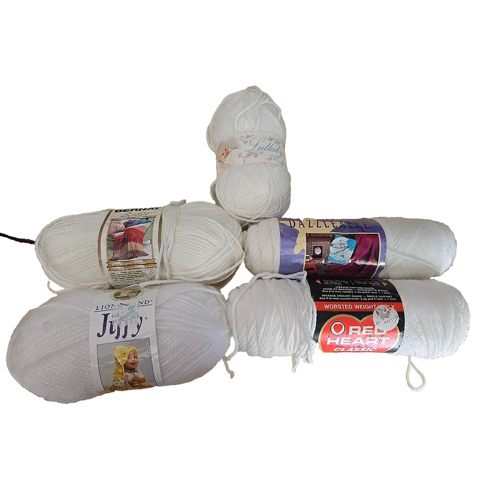 Lot of 5 NEW Vintage White Crochet Crafting Knitting Worsted‎ Weight Skein Yarns